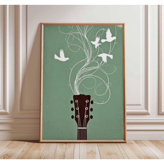 Music Guitar with Birds Boho Room Decor Indie Artwork Modern, Stretched Canvas 8x10in