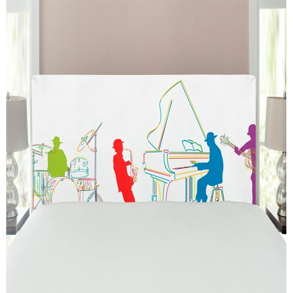 Music Headboard, Vibrant Colored Jazz Band Instruments Modern Illustration Retro Style Music Art Print, Upholstered Decorative Metal Bed Headboard with Memory Foam, Twin Size, Multicolor, by Ambesonne