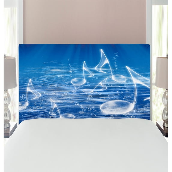 Music Headboard, Water Musical Notes Bubbles Dancing Waves Fantasy More Than Real Theme, Upholstered Decorative Metal Bed Headboard with Memory Foam, Twin Size, Blue, by Ambesonne
