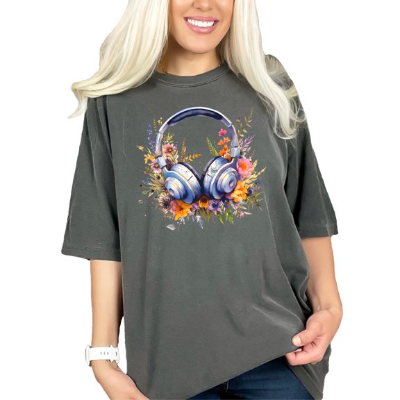 Music Headphones Floral Art T-Shirt, Unique Graphic Tee, Gift for Music Lovers, Trendy Casual Wear, Artistic Headset Design Shirt, Pepper Comfort Colors T-Shirt, 2XL