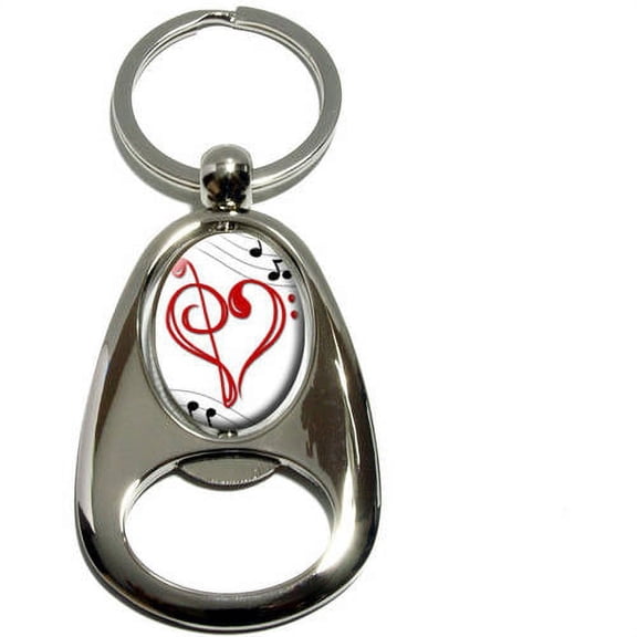 Music Heart, Love Treble Bass Clef Notes Staff, Chrome Plated Metal Spinning Oval Design Bottle Opener Keychain Key Ring