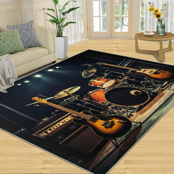 Music Instrument Area Rug 3D Guitar Bedroom Rug Drum Kit Pattern Living Room Rug, Indoor Non-Slip Rugs For Front Entrance Floor Decor 1x2ft
