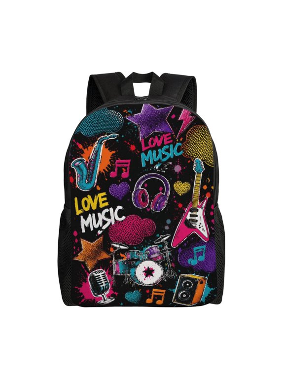 Music Instruments Backpack Full Front Print Travel Laptop Bag for Men and Women