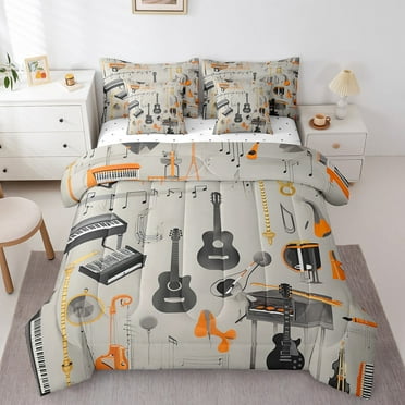Music Instruments Bedding Comforter Sets Acoustic Guitar Bed in a Bag, Piano Keyboards Bass Bedding Queen 7pcs Musical Theme Comforter Set, Vintage Radio Vinyl Record Player Bedding Accessories Grey