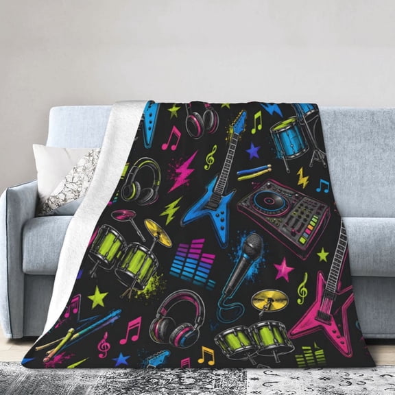 Music Instruments Blanket Gift Throw Blanket Gift for Music Lovers Guitar Drum Rock Neon Room Decor 50x40