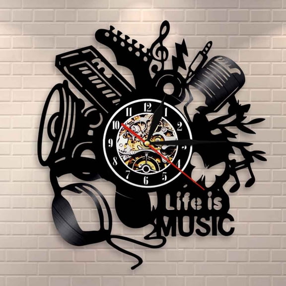 Music Is Life Inspirational Quote Wall Art Wall Clock Musical Instructment Decorative Vinyl Record Clock Music Lover Gift