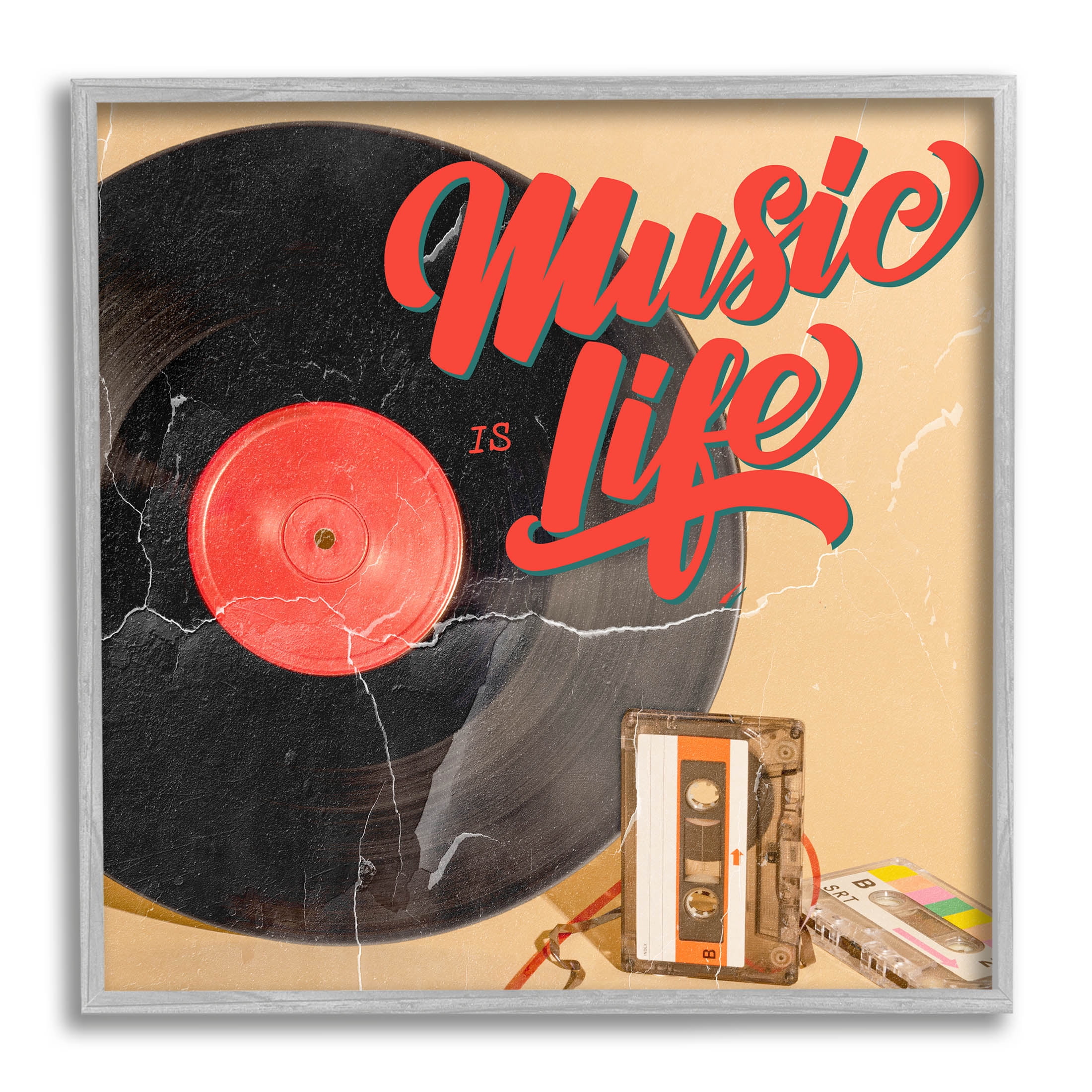 Music Is Life Vintage Cassette Inspirational Graphic Art Gray Framed Art Print Wall Art