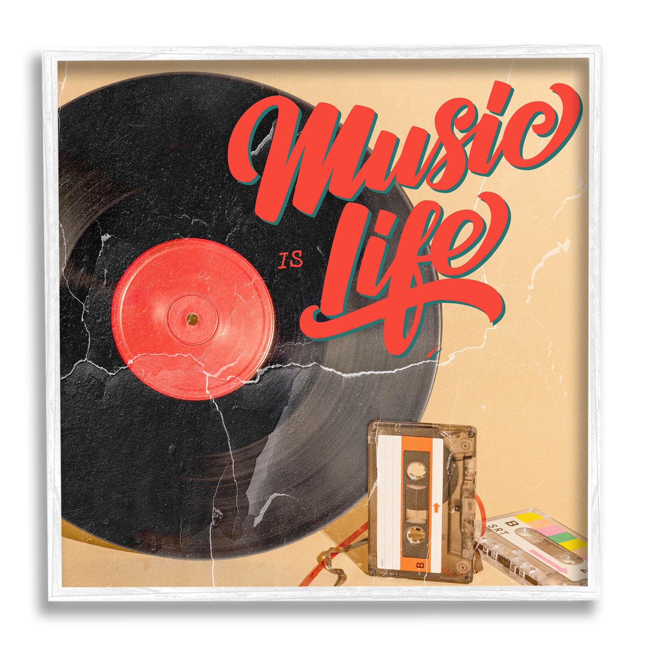 Music Is Life Vintage Cassette Inspirational Graphic Art White Framed Art Print Wall Art