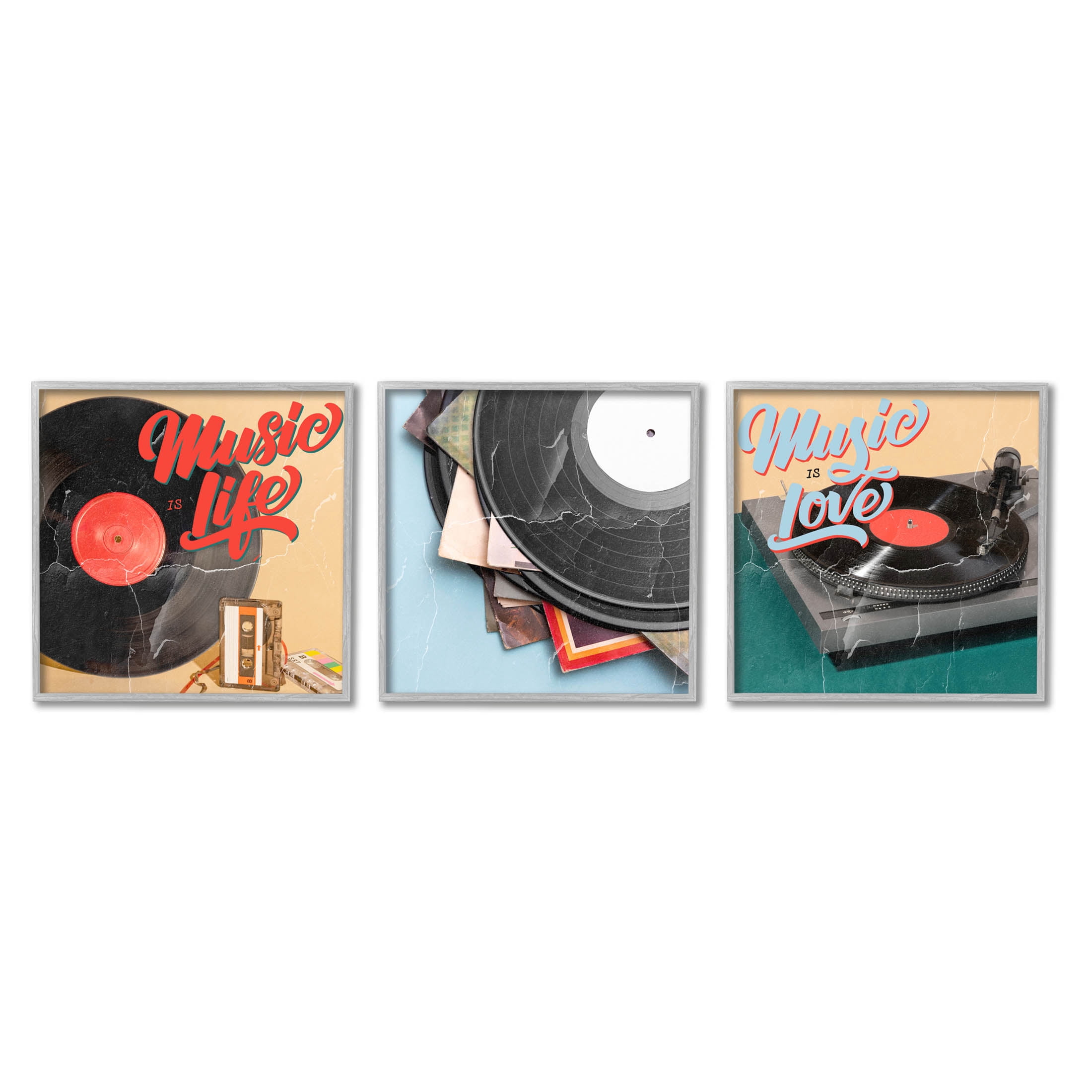 Music Is Love Life Vintage Turntable Inspirational Graphic Art Gray Framed Art Print Wall Art, Set of 3