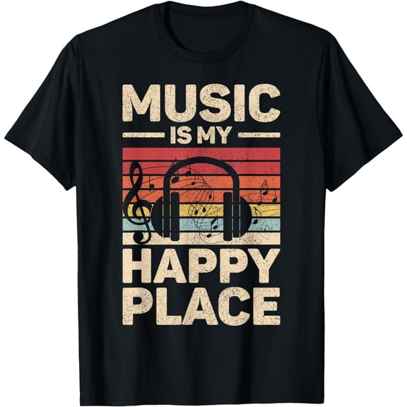 Music Is My Happy Place Musician Outfit EDM Music Lovers DJ T-ShirtMen and women, Black T-shirt, size: Extra large