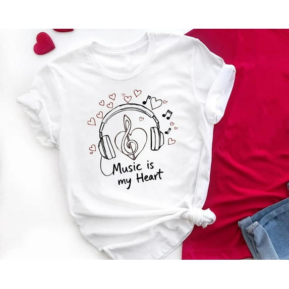 Music Is My Heart T-Shirt: Treble Clef Headphones - Musicians All Size S-5Xl