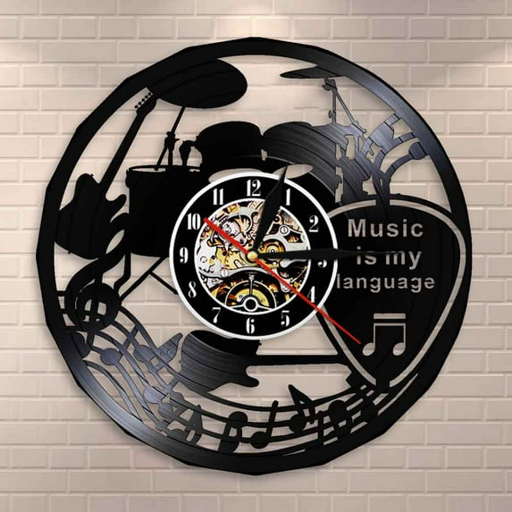 Music Is My Language Music Inspirational Quote Wall Clock Music Theater Decoration Guitar Drums Vintage Vinyl Record Wall Clock