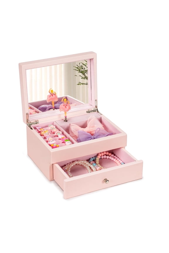 Music Jewelry Box ,Wooden Kids Jewelry Boxes & Organizers with Spinning Dancer for Little Girl Toddler Christmas Birthday New Year,Pink