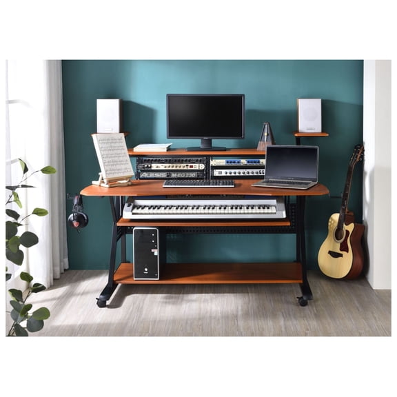 Music Keyboard Desk with Speaker Shelves - 61 Key Compatible - Black Finish - Studio Workstation - Home Recording Table - Adjustable Height
