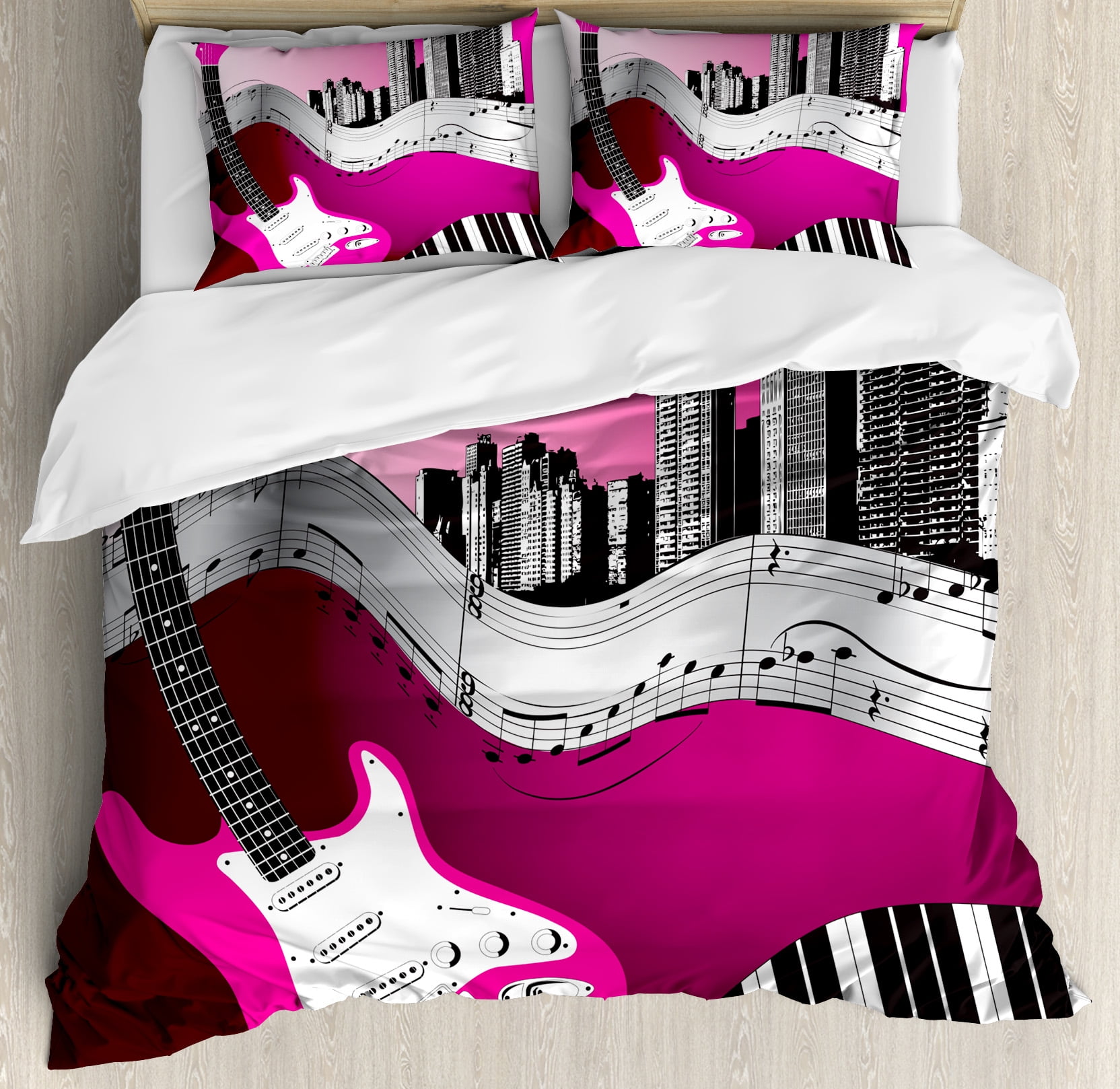 Hot Pink and Black Music Themed King Duvet Cover Set
