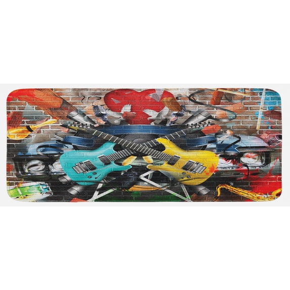 Music Kitchen Mat, Collage of Music Color and Musical Instruments Street Wall Art Joyful Nostalgia Print, Plush Decorative Kitchen Mat with Non Slip Backing, 47" X 19", Multicolor, by Ambesonne