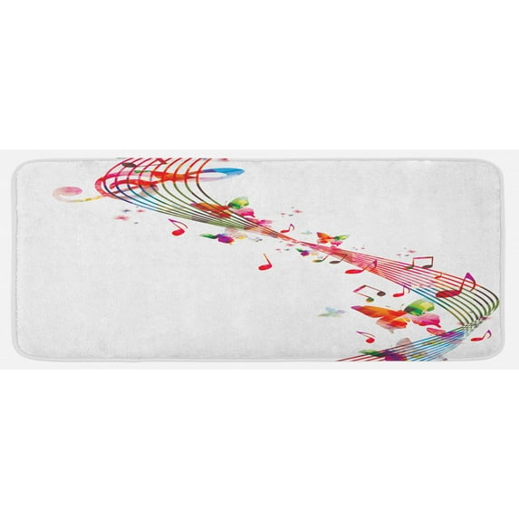 Music Kitchen Mat, Colorful Art with Musical Notes and Butterflies Springtime Inspired Party Theme, Plush Decorative Kitchen Mat with Non Slip Backing, 47" X 19", Multicolor, by Ambesonne