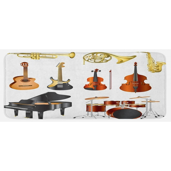 Music Kitchen Mat, Musical Instruments Symphony Orchestra Concert Composition Theme Colorful Pattern, Plush Decorative Kitchen Mat with Non Slip Backing, 47" X 19", Multicolor, by Ambesonne