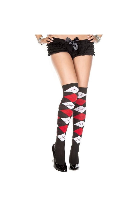Music Legs 4630-BLK-WHI-RED Argyle Acrylic Thigh High Stockings, Black, White & Red