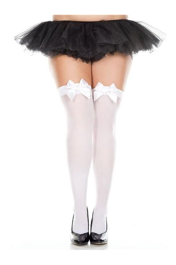 4742Q-WHITE Plus Size Satin Bow Opaque Thigh High Stockings, White