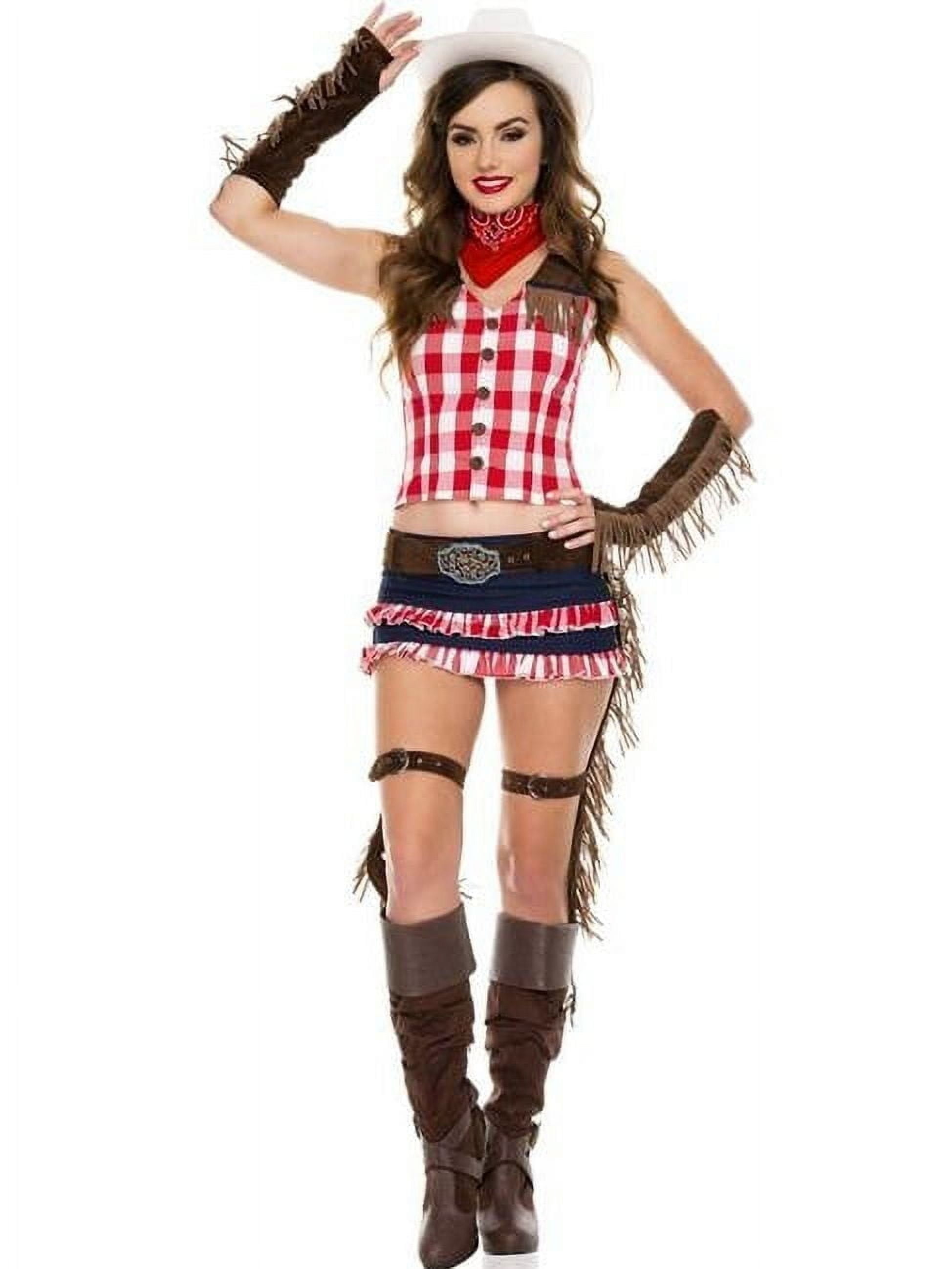Music Legs Men's 6 Piece Faux Suede Frills \u0026 Denim Plaid Cowboy Outfit Skirt with Cowboy Hat; Scarf; Arm Warmers \u0026 Belt Holster - Extra Small 70122-XS