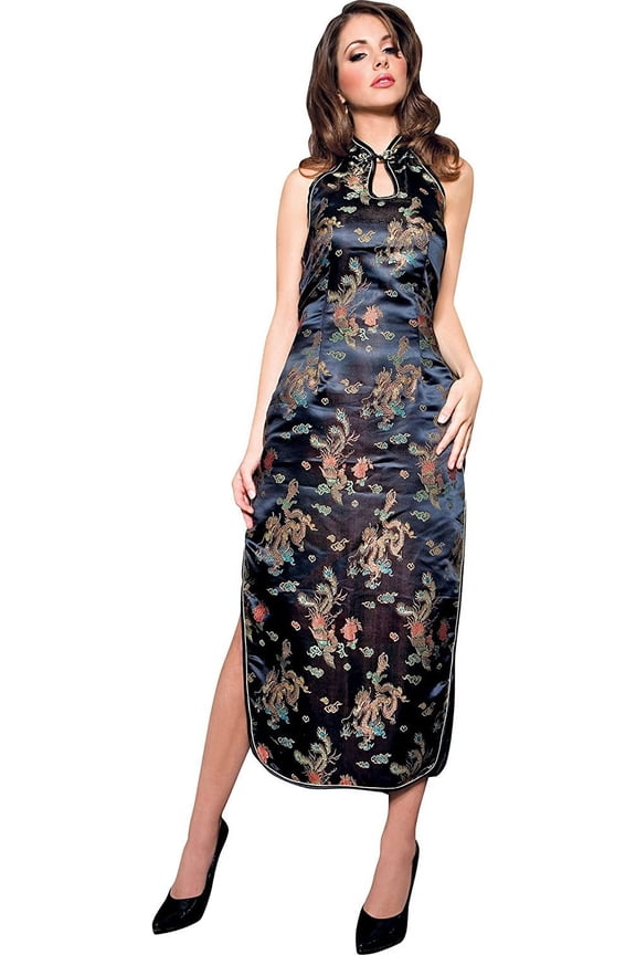 Sexy Bare Back Dragon Print Oriental Long Gown Medium-Large