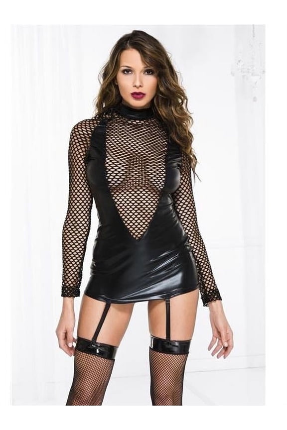 Women's 20025-m wet look & fishnet long sleeve garter mini dress; medium 20025-M