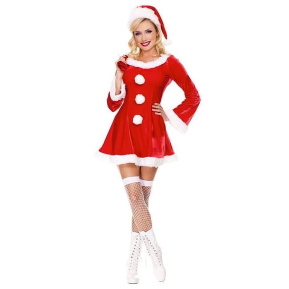 Music Legs Women's 3 Piece Long Sleeve Marabou Trimmed Velvet Dress with Santa Sack & Hat - Medium & Large 70457-ML