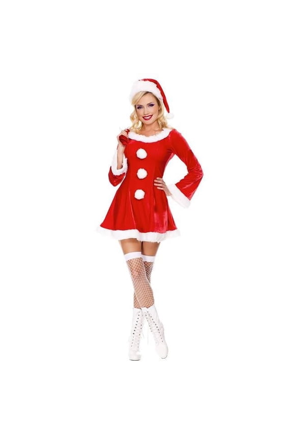 Women's 3 Piece Long Sleeve Marabou Trimmed Velvet Dress with Santa Sack & Hat - Medium & Large 70457-ML