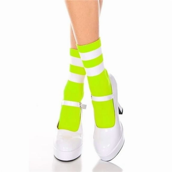 Music Legs Women's 526-NEON GREEN-WHITE Acrylic Ankle High with Striped Top Socks, Neon Green & White 526-NEON GREEN/WHI