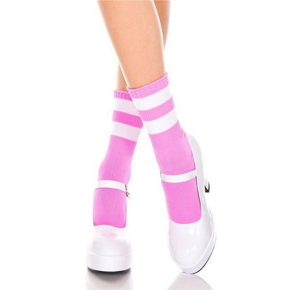 Music Legs Women's 526-PINK-WHITE Acrylic Ankle High with Striped Top Socks, Pink & White 526-PINK/WHITE
