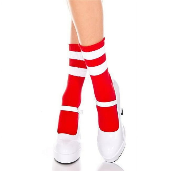 Music Legs Women's 526-RED-WHITE Acrylic Ankle High with Striped Top Socks, Red & White 526-RED/WHITE