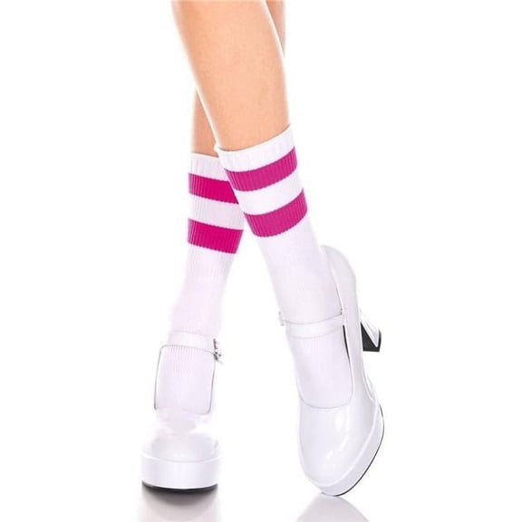 Music Legs Women's 526-WHITE-FUCHSIA Acrylic Ankle High with Striped Top Socks; White & Fuchsia 526-WHITE/FUCHSIA