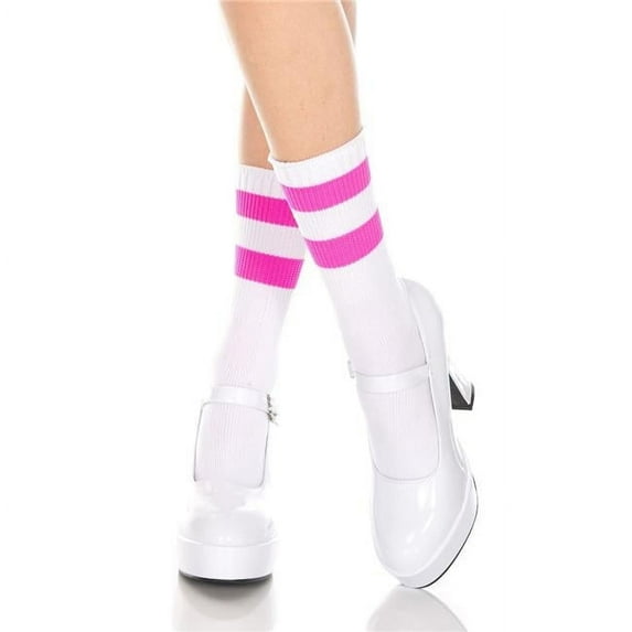 Music Legs Women's 526-WHITE-NEON PINK Acrylic Ankle High with Striped Top Socks, White & Neon Pink 526-WHITE/NPINK