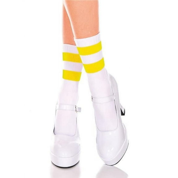 Music Legs Women's 526-WHITE-YELLOW Acrylic Ankle High with Striped Top Socks; White & Yellow 526-WHITE/YELLOW
