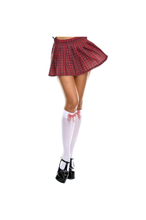 Women's 5723-WHITE-RED Plaid Bow Opaque Knee High Socks; White & Red 5723-WHITE/RED
