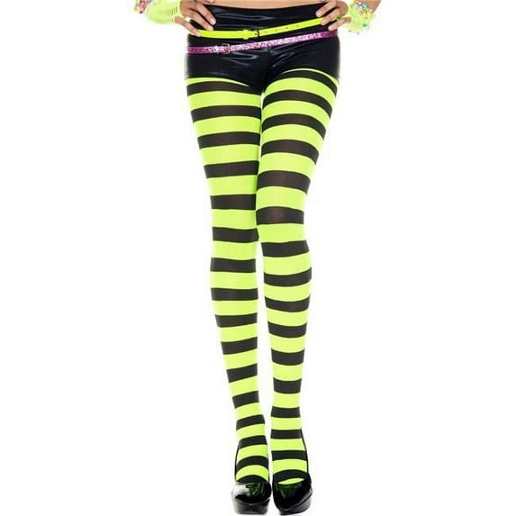 Music Legs Women's 7419-BLK-NEONGREEN Wide Striped Tights - Black & Neon Green