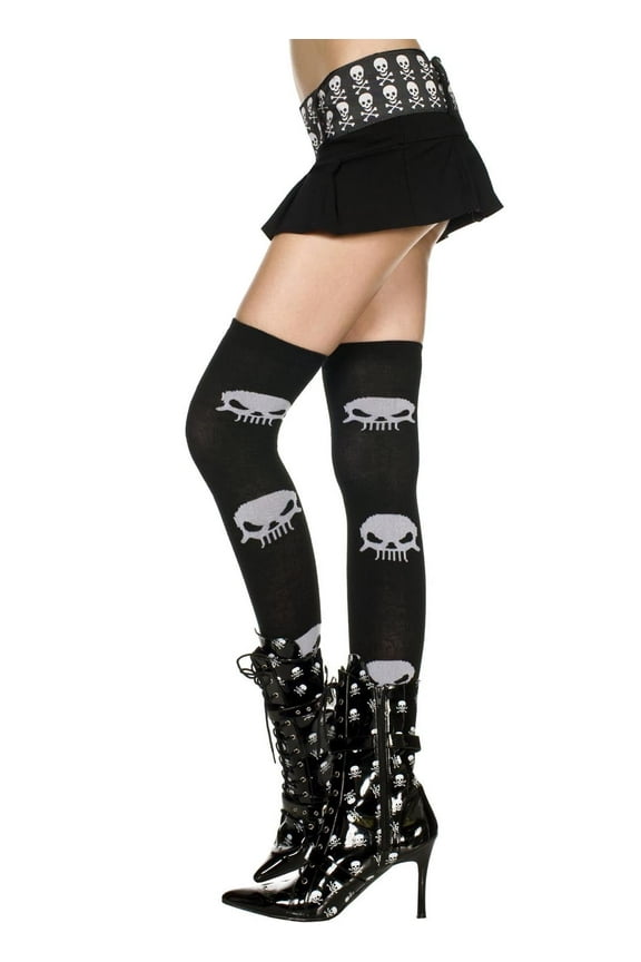Women's Acrylic Thigh Hi Nylon Big Skull Print Costume Hosiery 4615-BLACK/WHITE