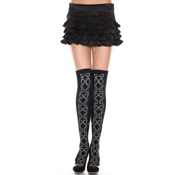 Music Legs Women's Acrylic Thigh Hi With Faux Lace Up Design Nylon Costume Hosiery 4608-BLACK