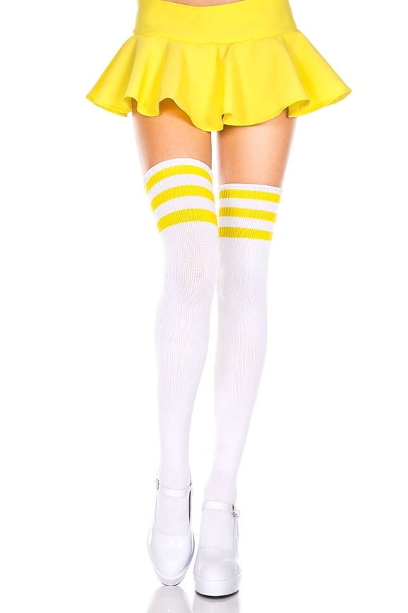 Women's Acrylic Thigh High Socks with Striped Top 4245-WHITE/YELLOW