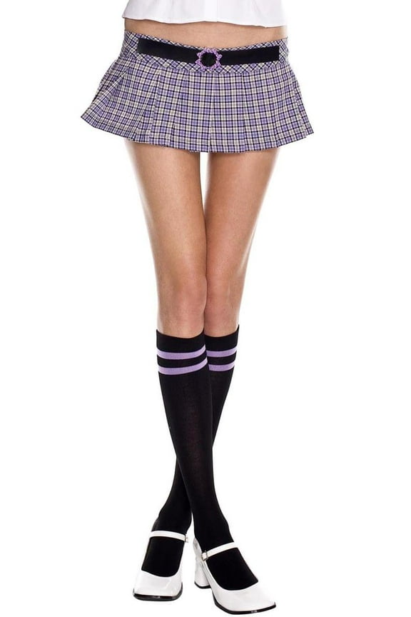 Women's Athlete Knee Hi Nylon With Striped Top Costume Hosiery One Size 5719-BLACK/PURPLE