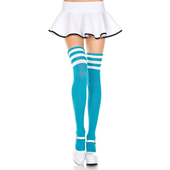 Music Legs Women's Athlete Thigh High with striped top TE 4245-TURQUOISE/WHI
