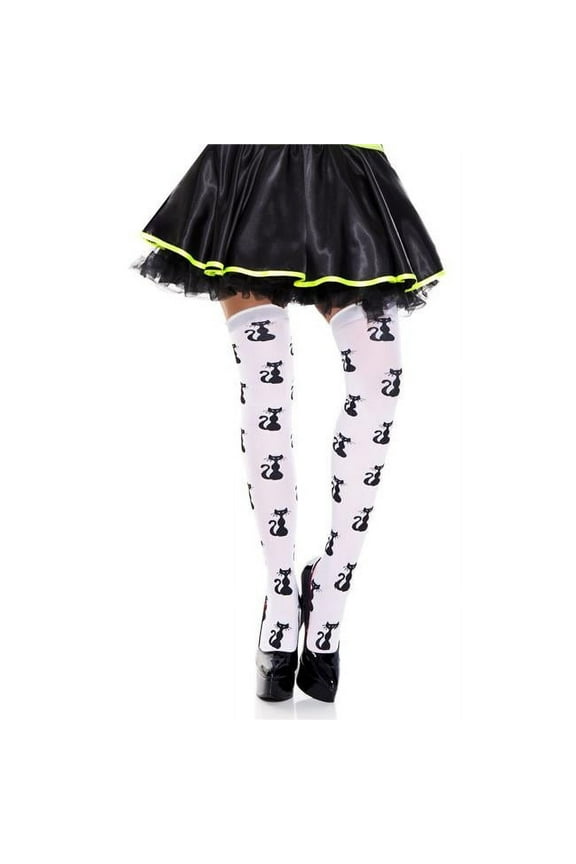 Women's Cat Pattern Spandex Thigh Highi 4653-White/Black