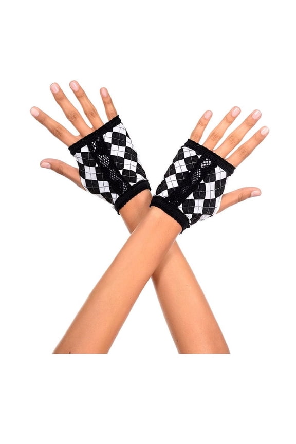 Women's Fingerless Argyle Fishnet Gloves, Black And White Gloves