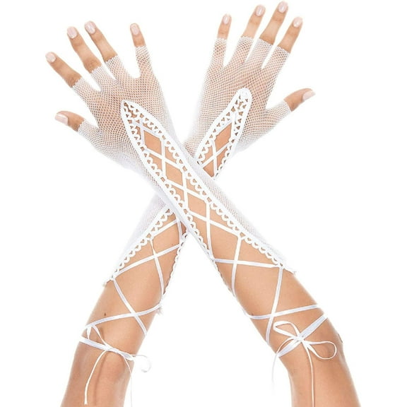 Music Legs Women's Fingerless lace up fishnet elbow length warmer 433-WHITE