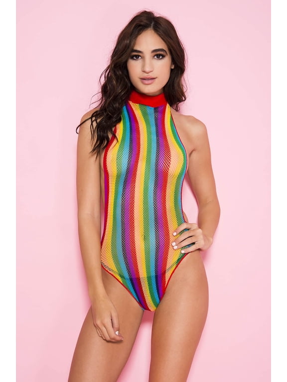 Women's High neck open back rainbow teddy - Style: 80079-RAINBOW
