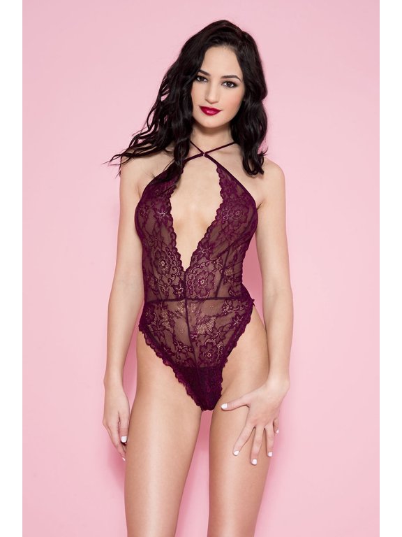 Women's Lace open front cut teddy with strappy back 80021-BURGUNDY