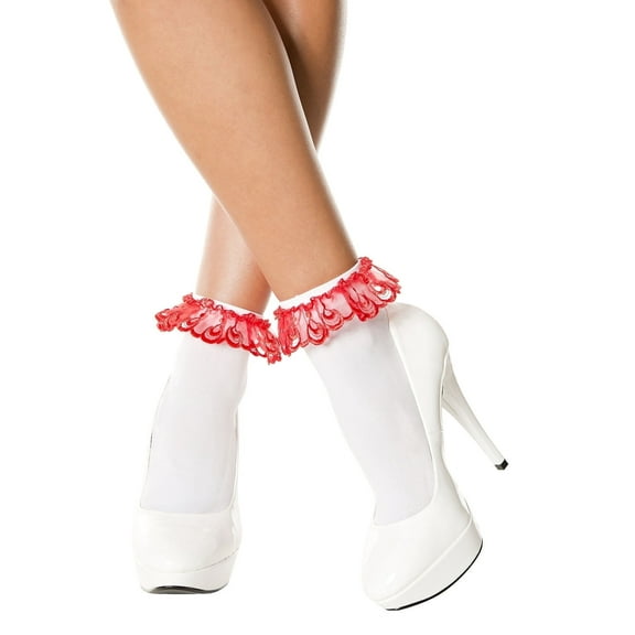 Music Legs Women's Lace ruffle opaque anklet /RED 527-WHITE/RED
