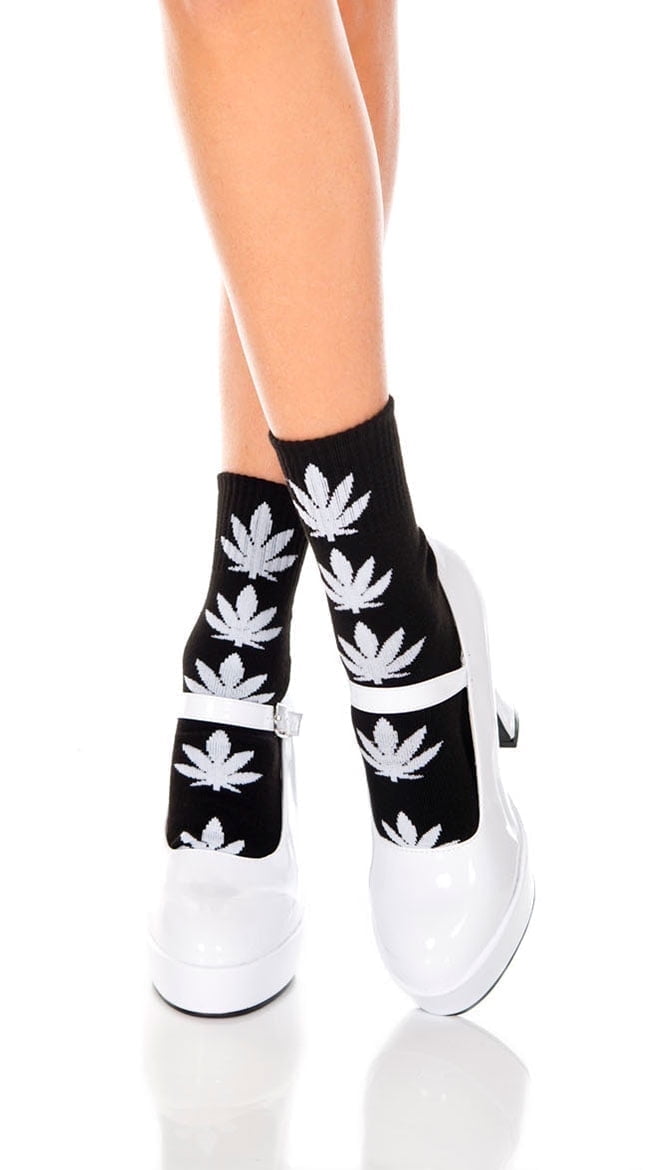 Music Legs Women's Leaf Print Socks 537-BLACK/WHITE
