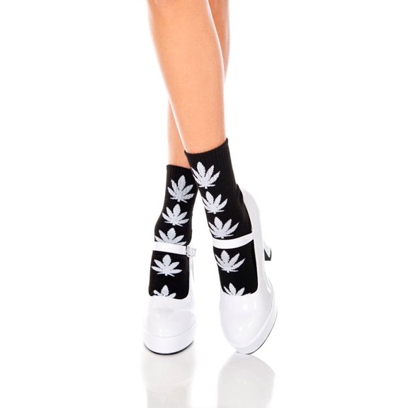 Music Legs Women's Leaf Print Socks 537-BLACK/WHITE